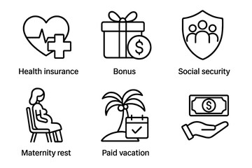 Employee benefits line icon set. Corporate perks vector collection. Health insurance, bonus, social security, maternity leave, paid vacation, salary. HR web icons for business.