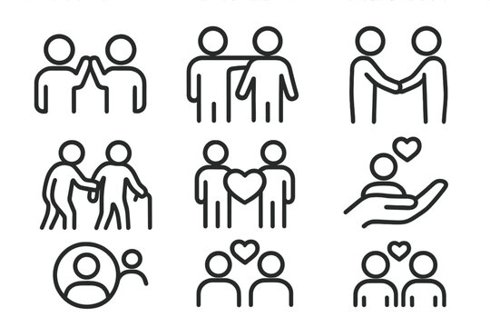 Friendship and relationship line icon set. Vector collection of symbols for love, care, support, and teamwork. Includes high-five, handshake, and mutual assistance icons.
