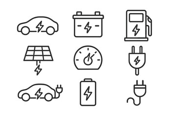 Electric vehicle line icon set. EV car, charging station, battery, solar panel, and plug icons. Sustainable transport and green energy concept. Editable stroke vector collection.
