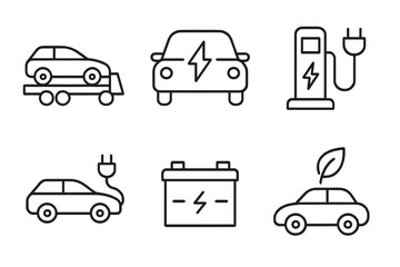 Electric car web icon set in line style. EV collection including logistic, electrical charger station, battery power, and eco transport symbols. Vector illustration for green energy.