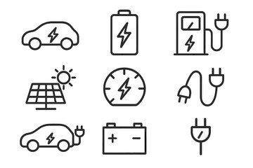 Electric vehicle line icon set. EV transport web icons with editable stroke. Vector pictograms of car, battery, charging station, solar panel, plug. Green energy automobile symbols.