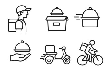 Food delivery service line icons set. Courier with backpack, fast shipping, order online, food box. Man on scooter and bicycle rider. Vector outline pictograms collection.