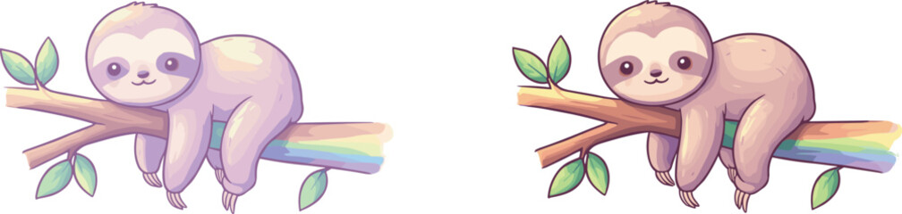 Cartoon sloths lying on rainbow tree branches, cute whimsical animals, playful wildlife illustration, imaginative children’s artwork, fantasy jungle character design