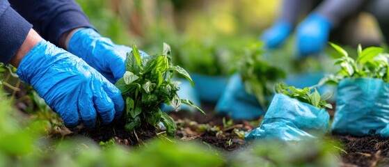 Naklejka premium The Seedling Transplanting Scene in a Garden Bed with Blue Gloved Hands