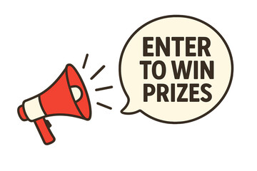 Enter to win prizes announcement with megaphone. Loudspeaker in speech bubble for contest promotion. Giveaway marketing banner for business advertising and lottery vector.