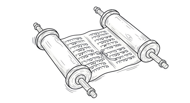 Hand-drawn black and white sketch of an open ancient Torah scroll with Hebrew scripture.