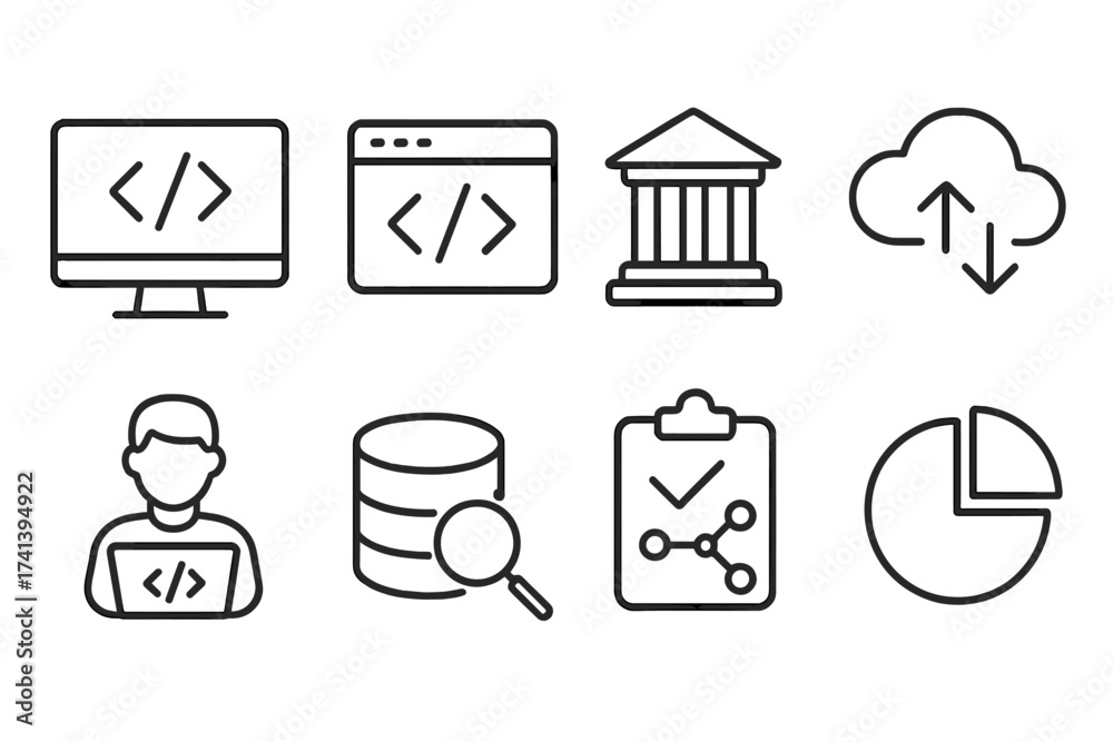 Wall mural programming and coding web icons in line style, software development, legal technology, cloud comput