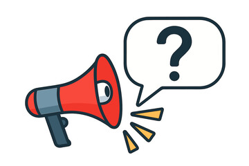 Megaphone with question mark in speech bubble. Loudspeaker for quiz, survey, and marketing. Business announcement and advertising concept. FAQ and support vector icon.