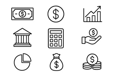 Business and finance line icon set. Vector symbols for money, banking, investment and economy. Includes dollar, chart, calculator and bank pictogram for web and infographic.