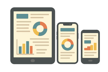 Vector illustration of user interface on digital tablet and mobile devices with flat infographic charts, web design elements, data visualization on screen, isolated on white background