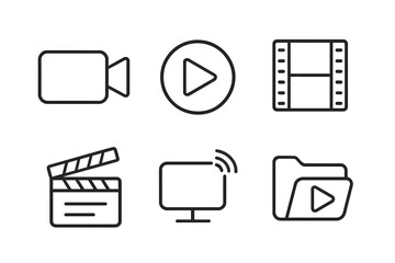 Video web icons in modern line style, camera, play button, filmstrip, cinema clapperboard, live streaming monitor, media folder vector set with transparent background