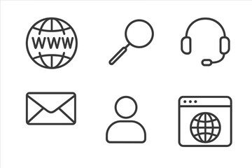 Website web icons set in line style with www, search, support headset, mail envelope, user profile, internet browser globe, transparent background vector illustration collection