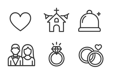 Wedding web icons in modern line style, love, marriage, ceremony, celebration, bride and groom, engagement ring, wedding rings, vector illustration set with transparent background