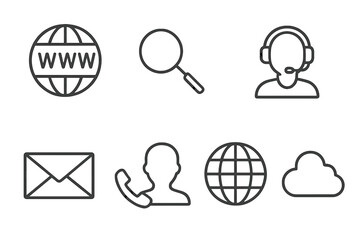 Website web icons set in modern line style including www globe, search magnifier, customer support headset, mail envelope, contact phone, internet globe, cloud computing symbols, vector illustration