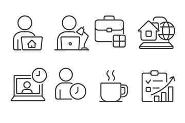 Working from home web icons in line style, freelance office portfolio set with hybrid work, remote online time management, coffee break, productivity, vector collection