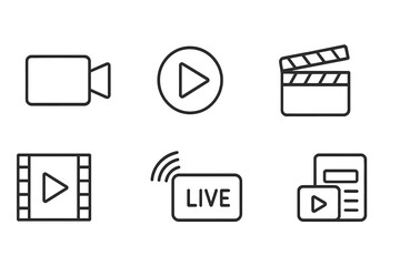 Vector set of modern video web icons in line style with camera, play button, film strip, cinema clapperboard, live streaming, and media player symbols, transparent background