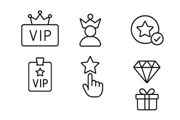 VIP web icons in outline style, exclusive royal service pass and membership badge, premium star rating selection, luxury diamond gift box vector collection, transparent background
