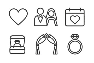 Elegant Wedding Line Icons Set. Love, Marriage Ceremony, Celebration, Bride and Groom, Ring Box, Engagement Ring, Wedding Arch, Romantic Vector Illustrations with Transparent Background