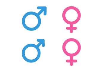 Male and female gender symbol icon set. Blue man and pink woman signs. Vector illustration for sex, relationship, heterosexual, equality, man, woman, boy, and girl identity.