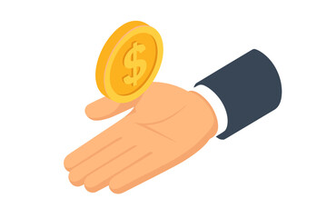Businessman hand holding a gold dollar coin in isometric design. Concept of giving, receiving money, charity, wealth, investment, savings, and financial success. Vector.
