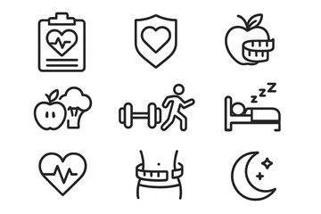 Healthy lifestyle line icon set. Health, diet, food and exercise icons. Wellness collection. Sleep, heart rate, weight loss and fitness symbols. Vector illustration for web.