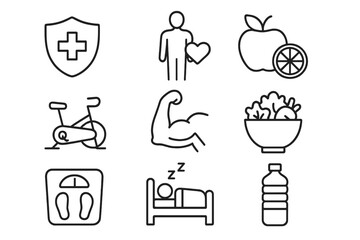 Healthy lifestyle icon set in thin line style. Healthcare, diet, food, exercise, sleep. Wellness, fitness, nutrition vector symbols for web and mobile app design.