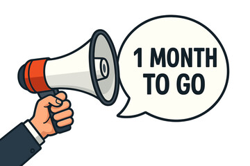 Male hand holding megaphone with 1 month to go speech bubble. Loudspeaker for business, marketing and advertising. Final countdown announcement, promotion sale vector banner.
