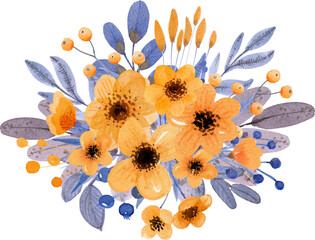 Watercolor Floral Wreath with Orange and Blue Flowers.