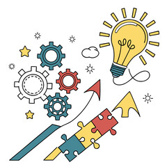 Creative problem solving concept with gears, lightbulb, and puzzle pieces