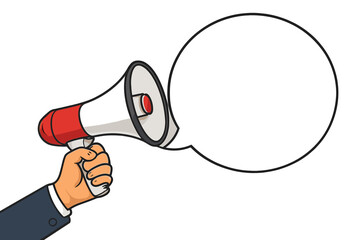 Male hand holding megaphone with speech bubble. Loudspeaker for announcement. Banner for business, marketing and advertising. Vector cartoon illustration for news and alert.