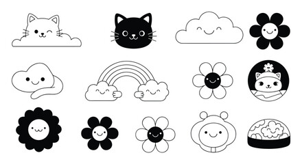 Cute Kawaii Style Illustrations Of Cats Flowers Rainbows And Clouds.