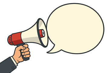 Important announcement concept. Male hand holding megaphone with speech bubble. Loudspeaker for business marketing and advertising. Promotion, sale, news, alert, communication.