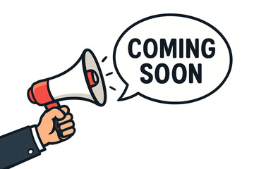 Coming soon announcement with megaphone. Hand holding loudspeaker for business marketing and advertising. Promotion banner. Grand opening or new product launch vector illustration.