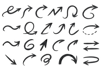 Hand-drawn arrow vector collection. Doodle sketch direction symbols set. Black pointer icons and cursors for navigation. Scribble infographic elements. Isolated illustration.