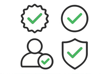 Set of approved icons for profile verification. Includes accept badge, quality seal, and secure shield with check mark. Vector for certified guarantee and user validation.