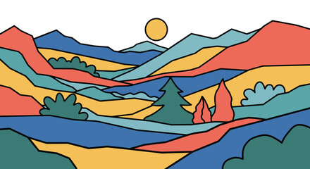 A vibrant abstract landscape with rolling hills and a bright sun.