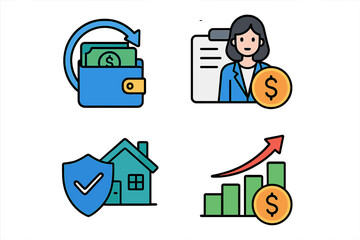 Business and finance icon set. Cash back, quick loan, and insurance concept. Fund management and business solution for finance service. Return on investment and stock market growth.