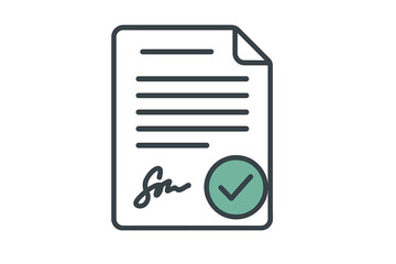 Business document icon. Signed contract with approval stamp. Agreement with signature and check mark. Concept of paperwork, deal, partnership. Flat vector illustration.