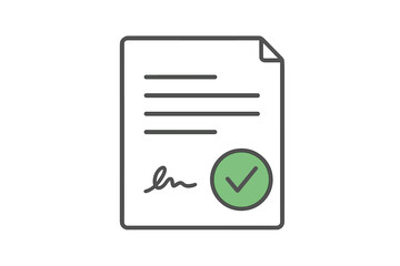 Business document icon with signature and approval stamp. Signed contract, agreement verification, and successful deal confirmation. Paperwork and legal document concept vector.