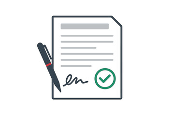 Business document with signature and approval stamp. Concept of paperwork, agreement, or contract signing. Approved partnership deal. Flat design vector illustration icon.