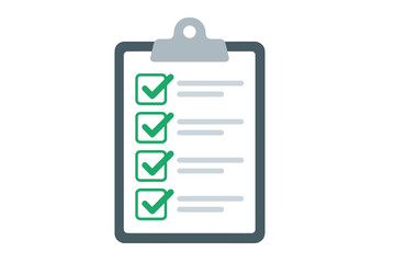 Clipboard with checklist and green tick checkmarks. Concept for completed tasks, to-do list, survey, or exam. Success, done, achievement. Flat vector graphic element.