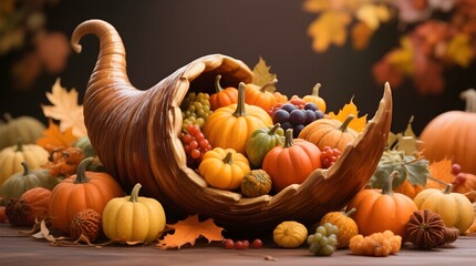 pumpkins and autumn leaves. Cornucopia overflowing with autumn harvest for thanksgiving