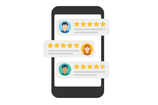 Customer review on mobile phone screen. Online feedback and user testimonial concept. Five star rating. Client satisfaction survey. Experience, quality, service evaluation.