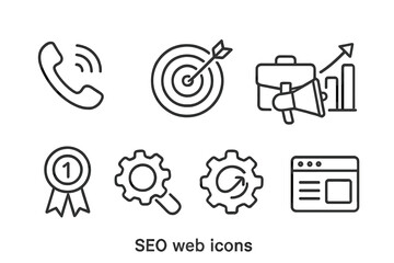 SEO icon set. Web icons in thin line style. Digital marketing, business growth, website traffic, ranking, optimization, and target audience concepts. Vector collection.