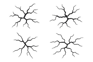 Set of vector cracks. Surface cracked ground, split terrain after earthquake. Sketch crack texture illustration. Concept of fault, damage, destruction, drought or disaster.