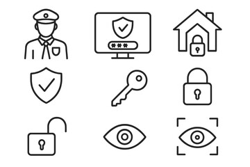 Security and data protection line icon set. Vector symbols for cybersecurity, password, smart home safety, key, shield, lock, unlock, guard, and biometric eye access concept.