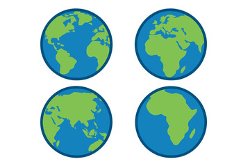 Planet Earth vector icon set. Flat design world globe collection. Illustrations of different continents: America, Europe, Asia, Africa. Global map isolated on white background.