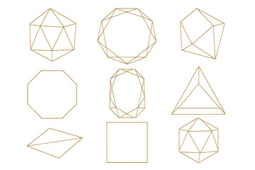 Set of gold geometrical polyhedrons. Collection of geometric frames and crystal shapes. Luxury vector elements for wedding invitation, logo design, decorative patterns, modern art.