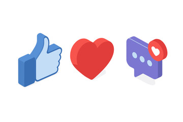 Like, heart, and comment isometric icons. Social media notification symbol set. 3D vector for web, app UI. Thumb up, love, and chat for streaming, communication design.