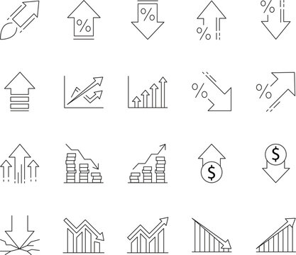 Collection of clean line icons representing increase and decrease concepts for digital interfaces